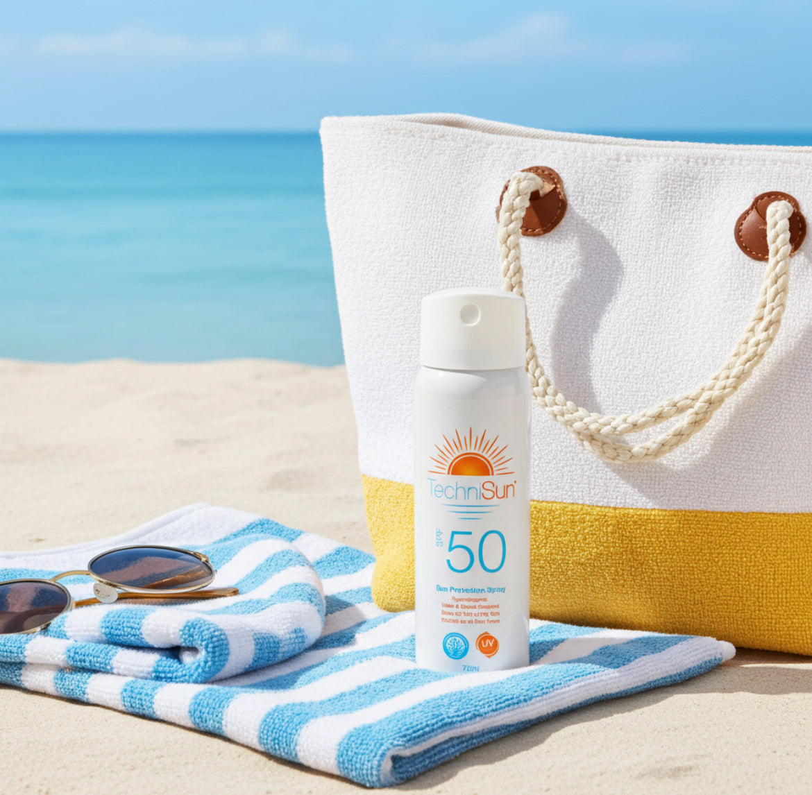 Sunscreen spray bottle, sunglasses, and towel on a beach with a tote bag in the background.